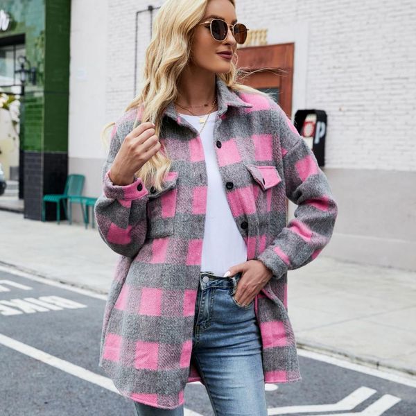 

shirts jackets for women fashion brushed woolen coat singlebreasted lapel longsleeved plaid cardigan shirt clothes for women coats, White
