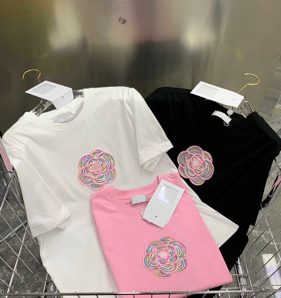 

23ss womens designer clothing tee womens t-shirt round neck pure cotton glitter flower embroidery short sleeve t shirt womens clothes, White