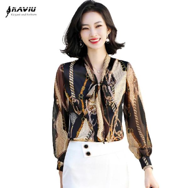 

shirts bow long sleeve shirt women design 2022 new spring temerament fashion formal print blouses office ladies work, White
