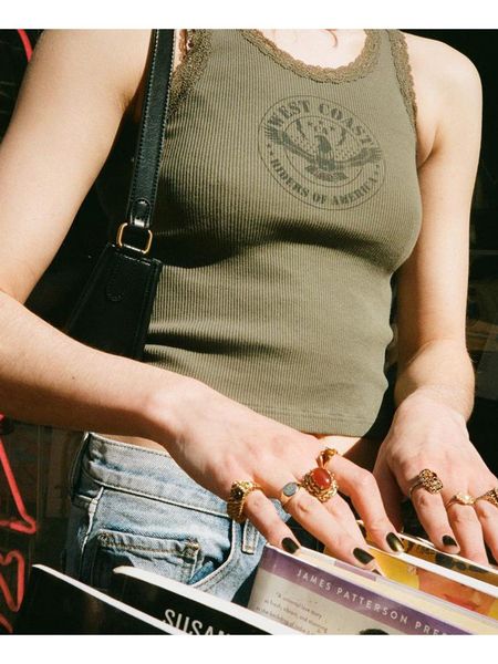 

tanks vintage eagle print lace crop women streetwear sleeveless ribbed cotton tshirt female summer chic slim y2k 2022, Black;white