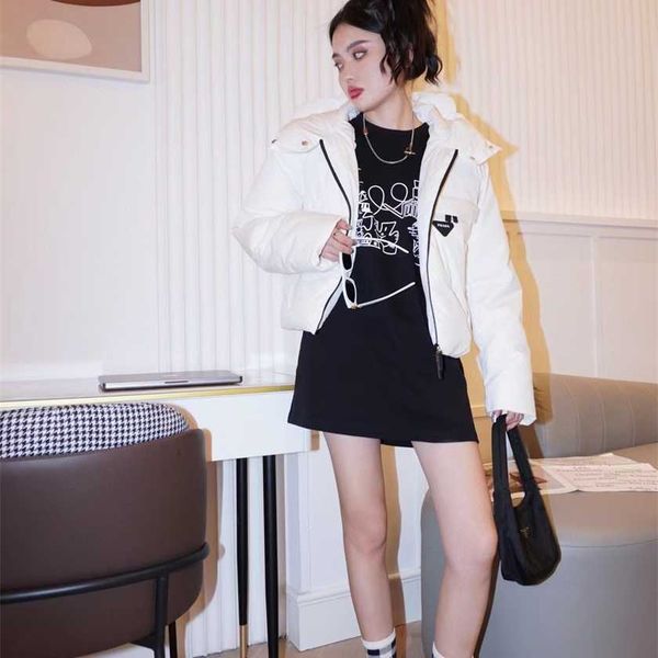 

26% off family autumn/winter new micro label letter triangle printing short motorcycle national standard white duck pure down coat, Black