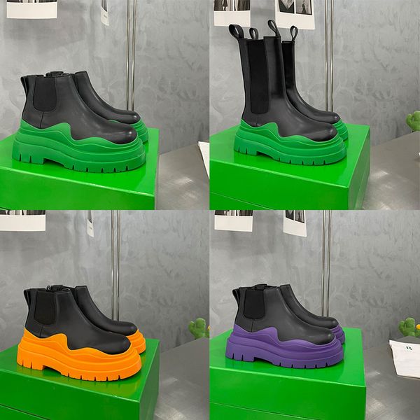 

2023 men designer boots tire leather women half ankle boots mens fashion wave black green clear colored rubber outsole elastic webbing outdo