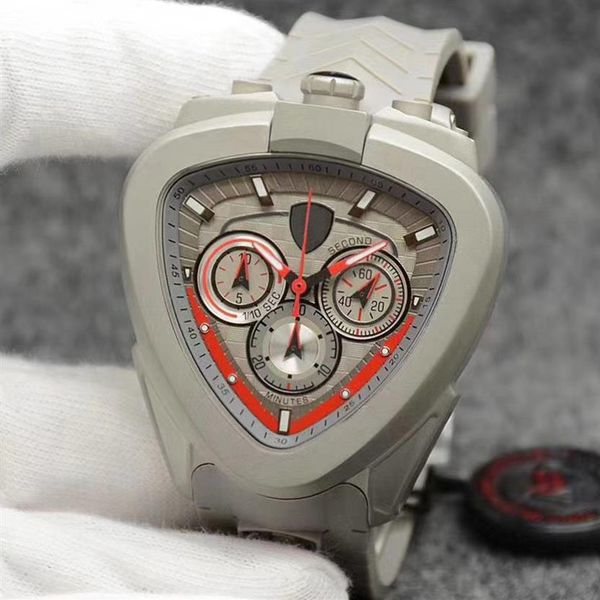 

racing style montre de luxe grey rubber strap quartz movement mens watch chronograp stainless steel triangular case relojes lujo p199b, Slivery;brown