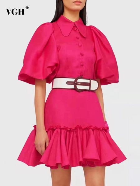 

dresses vgh casual solid dress for women lapel short puff sleeve gathered waist patchwork ruffles mini dresses female summer clothes new, Black;gray