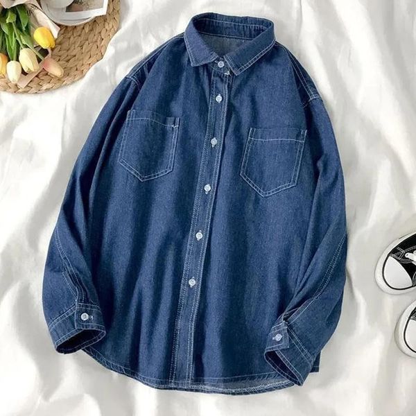 

t-shirt rimocy autumn long sleeve denim shirt for women 2022 single breasted pocket blouse woman turn doen collar jeans shirts ladies, White