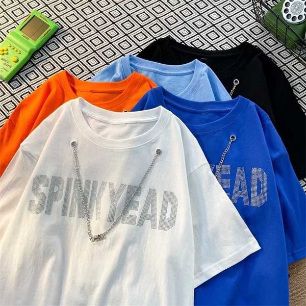 

hip hop street letter diamond short sleeve t-shirt men's ins fashion american couple loose casual top, White;black