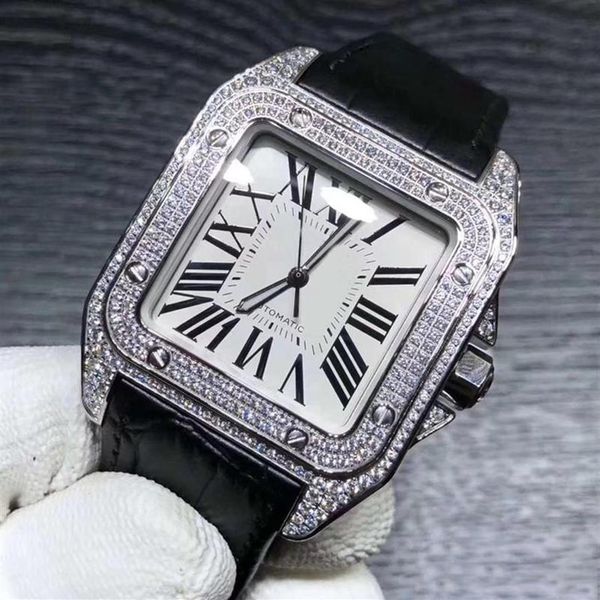 

2020 new style automatic movement square 100 watch men full diamond white dial real leather band male watch delivery303t, Slivery;brown