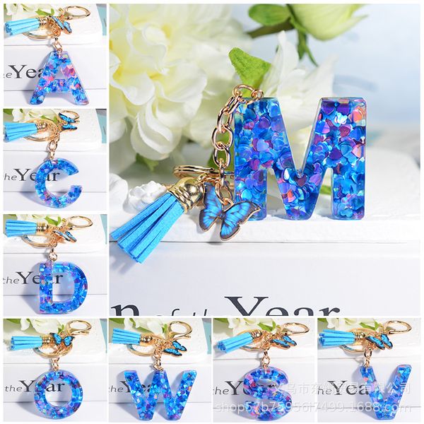 

InitialLetter Keychain Resin Blue Love Handmade Crystal Epoxy Butterfly Tassel Keychain Pendant for Women Girls