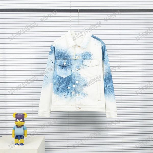 

xinxinbuy men designer coat jacket denim starry sky gradient print cotton long sleeve women gray black white m-2xl2636, Black;brown