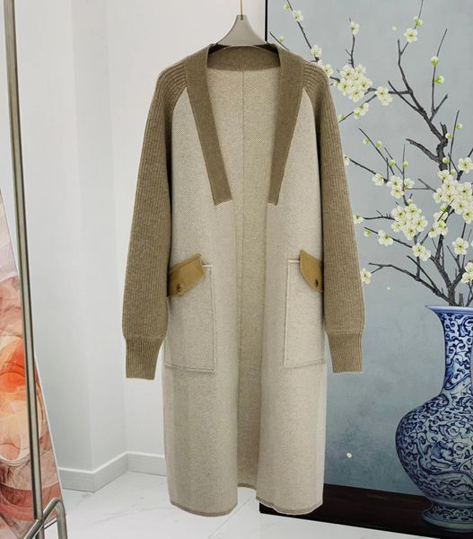 

fur 2022 autumn long vneck elegant casual style 100% cashmere cardigan coat, Black
