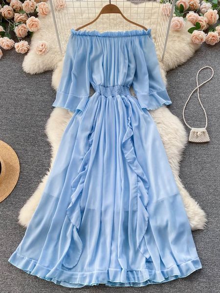 

dresses zcwxm robe off shoulder chiffon dress women half butterfly sleeve french slash neck slim fit medium length dress elegant, Black;gray