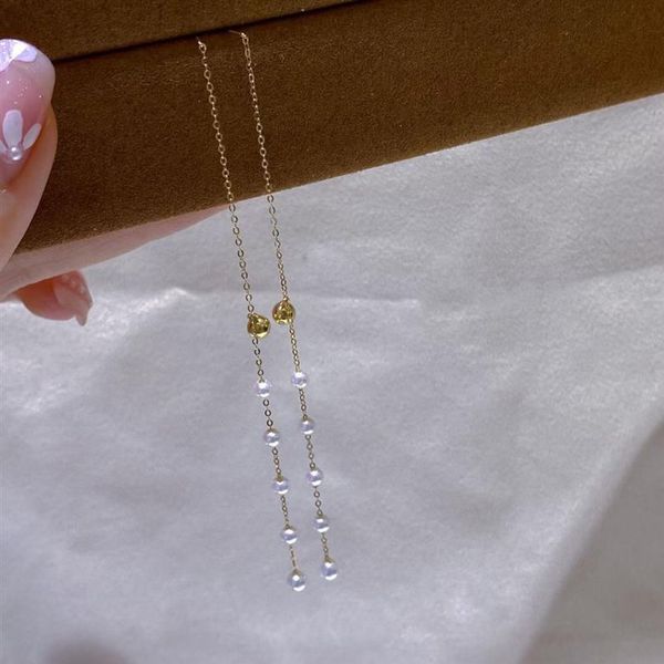 

22092001 diamondbox - pearl jewelry earrings ear dangle au750 18k gold freshwater pearl 3-4 mm classic round long tassel eleg199f, Silver