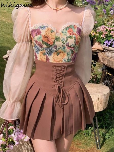 

dress summer skirt suit sweet floral shirts high waist bandage pleated skirts set roupas femme korean chic 2 pece set women, White