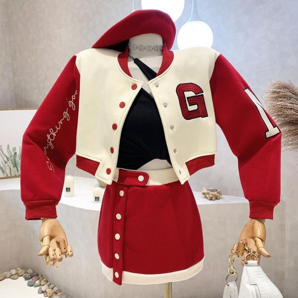 

dress red embroidered letter coat short bomber jackets patchwork contrast mini black skirt sets autumn 2022 casual 2piece tracksuits, White