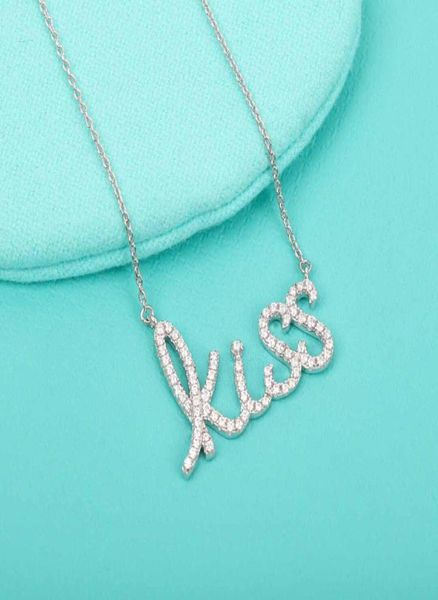 

s925 silver charm pendant necklace kiss words with diamond in platinum color plated have stamp velet bag ps4333a1824395