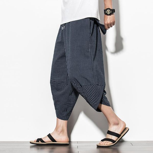 

pants baggy cotton harem pants men 2023 summer japanese vintage striped men women hip hop plus size wide leg pants pantalon, Black