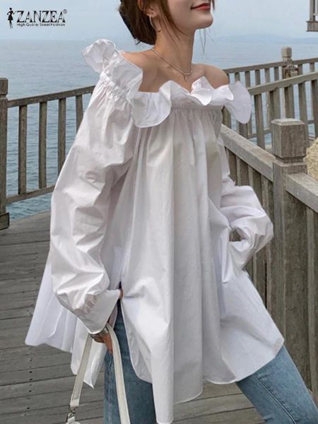 

women's blouses shirts zanzea korean fashion off shoulder blusa women casual ruffles oversize blouses split hem female summer white lon