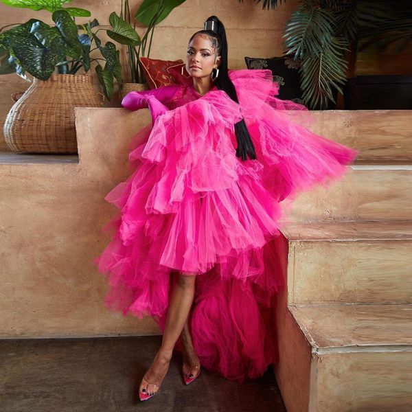 

dresses charming pink tiered tulle maxi dresses women one shoulder asymmetrical puffy long tulle gowns to party fuchsia female dress, Black;gray