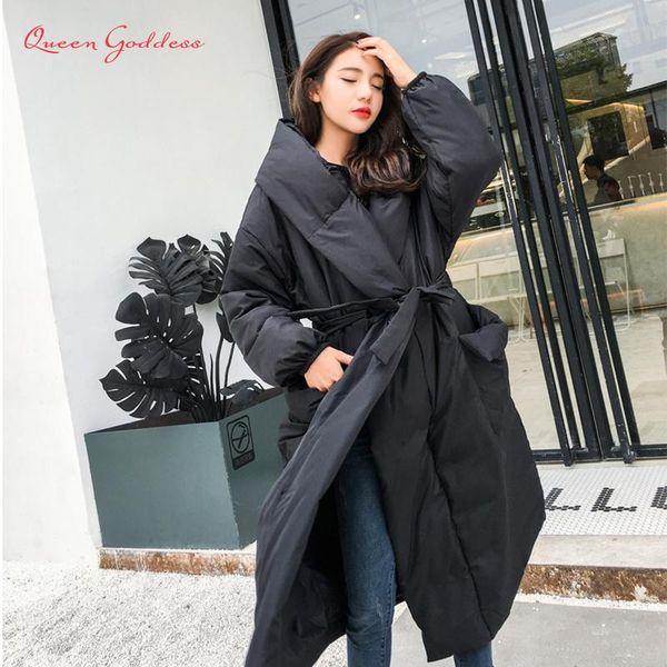 

parkas fashion no zipper and button adjustable waist thicken and long down jacket women plus size loose and cloak style for winter, Black