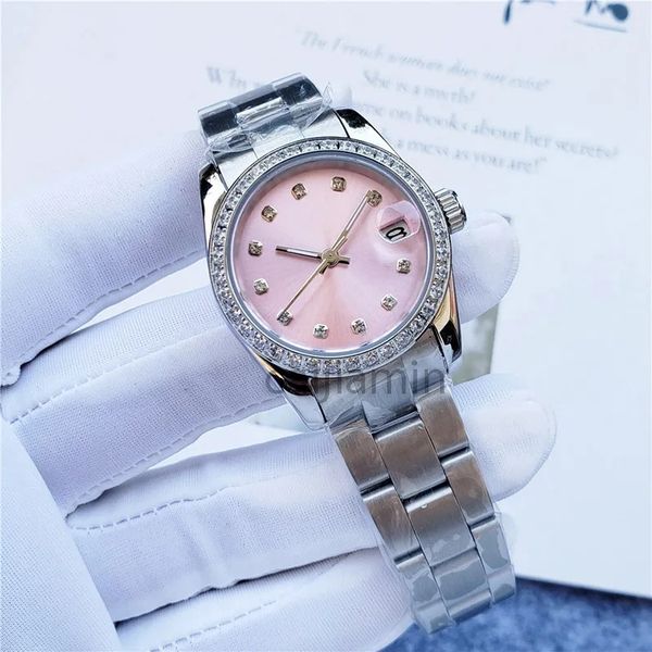 

luxury women's automatic mechanical watch diamond ring pink face stainless steel strap 28/31mm small size dial, Slivery;golden