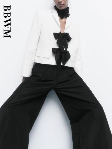 

pants 2022 women autumn white cropped blazer vintage long sleeve bow decoration outerwear chic female fashion streetwear