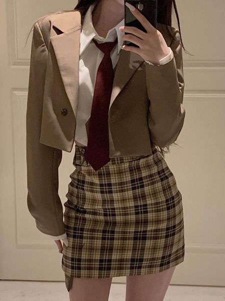 

dress traje preppy para mujer blazer + falda + camisa conjunto de 3 piezas con corbata cuello en v uniforme universitario primavera, White
