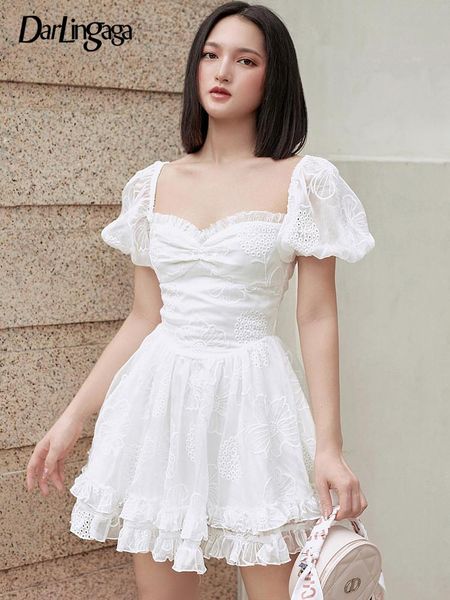 

dresses darlingaga fashion chic white jacquard ruffles summer dress female hollow stitching sweet korean pleated dress corset party slim, Black;gray