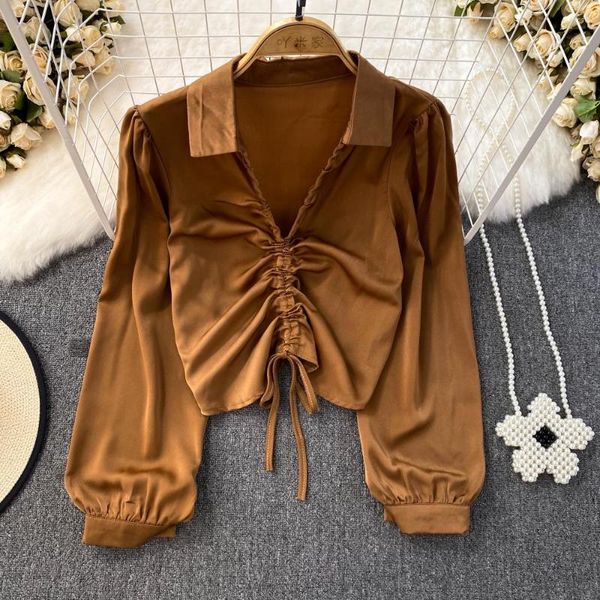 

women's blouses french style vintage women spring autumn shirts temperament v neck pullover long sleeve drawstring blouse casual female, White