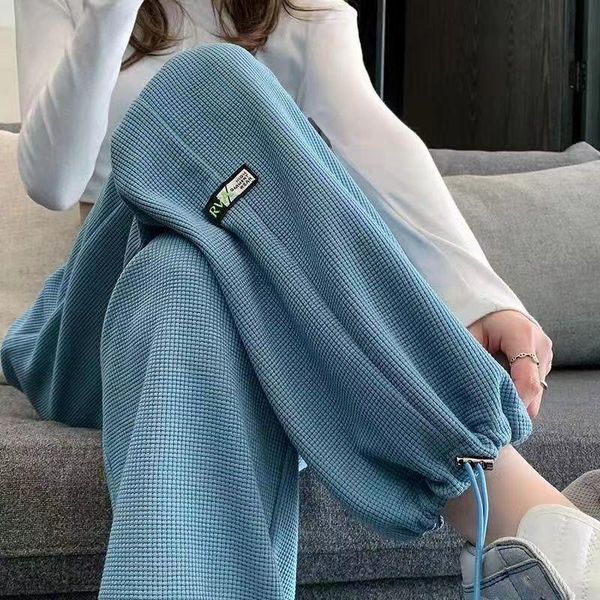 

pants 2022 summer sports pants women's leggings pants slim casual loose straightleg pants waffle twowear wideleg pants, Black