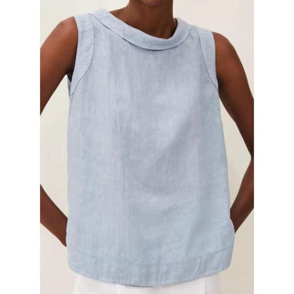 

t-shirt cotton linen round neck solid tee shirts women casual sleeveless loose pullover female summer tshirt clothing, White