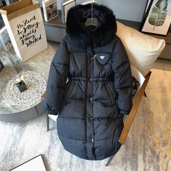 

32% off new family triangle true fox fur collar long women's waist white goose thickened down coat, Black
