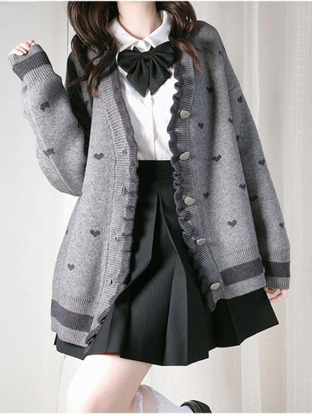 

sweaters autumn winter cute knitted cardigan women vneck long sleeve knit sweater sweet lolita grey coat knitwear oversized jumper, White;black