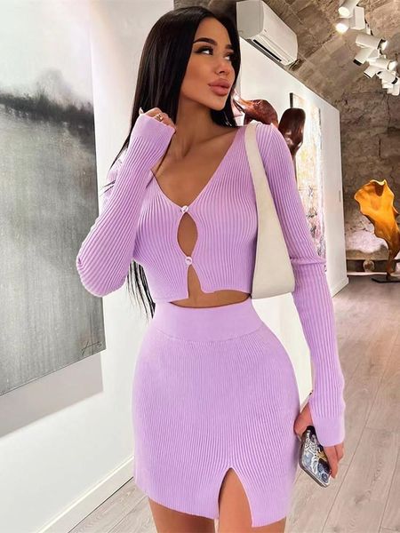 

dress hirigin women two piece crochet knit skirt suit long sleeve cardigan crop and slit wrap skirt vintage slim bodycon set streetwea, White