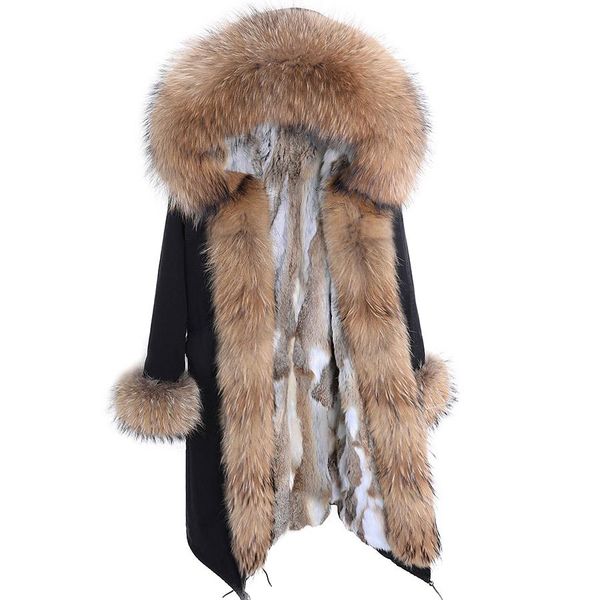 

fur maomaokong women coat parkas natural fox fur collar real fur coat xlong jacket rabbit fur lining winter coats 2021, Black