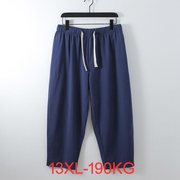

pants men's summer cotton linen pants large size 13xl ankle length loose straight bloomer big plus size 12xl clothing male trousers, Black