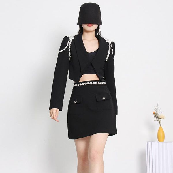 

pants luxury beading appliques skirt set women short suit skirt high street crystal rhinestone decoration 2 piece set outfits 2022 new, White