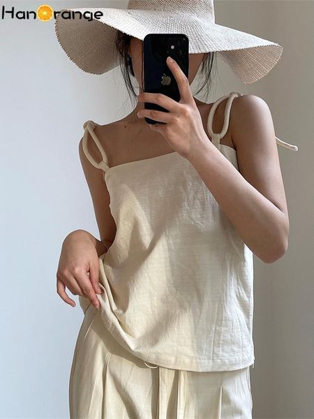 

t-shirt hanorange 2022 summer adjustable rope knot shoulder strap camisole loose camis women's thin female green/beige, White