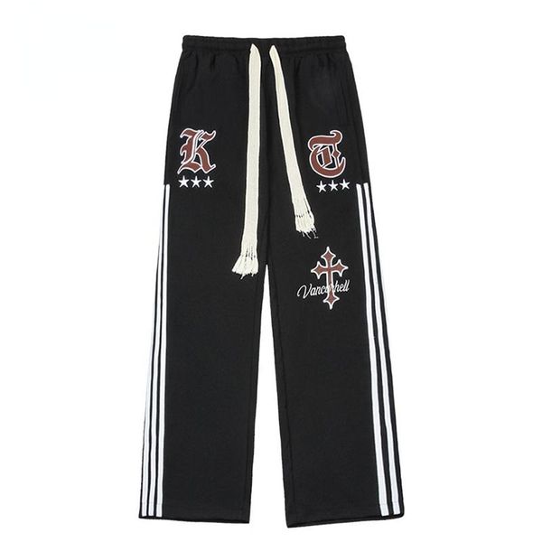 

pants casual sweatpants men gothic letter embroidery mens joggers streetwear side stripe patchwork trousers oversized drawstring pants, Black