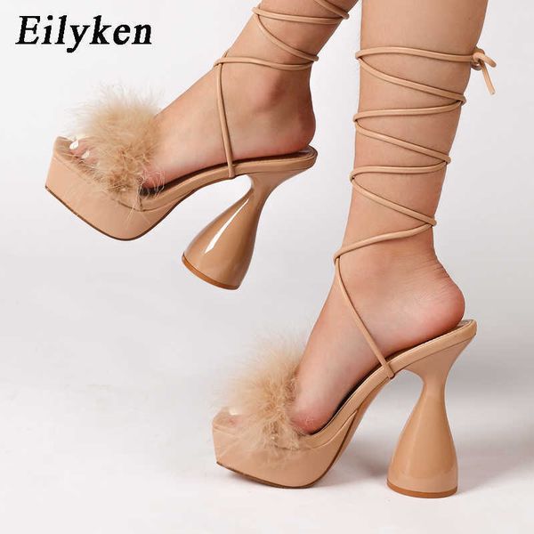 

roman strappy chunky heels fashion peep toe ankle cross lace-up platform feather sandals women shoes size 40 230306, Black