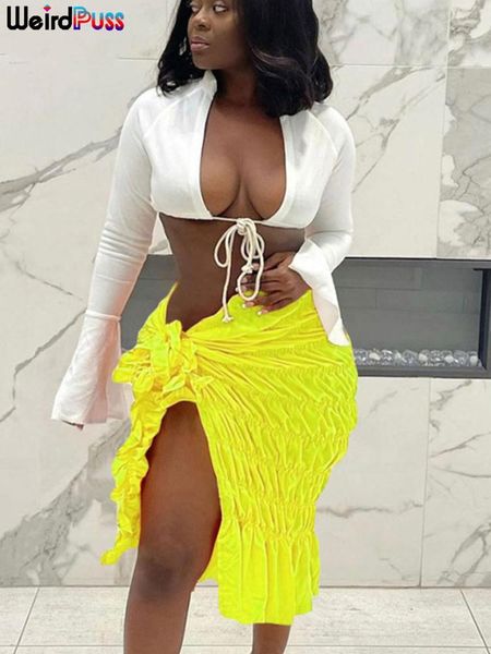 

dresses weird puss ruched bandage skirts beach style women solid side split vacation stretchy skinny high waist street clothing, White;black