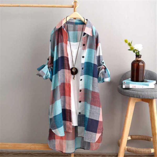 

t-shirt lohill new summer women long sleeve check tunic t shirts ladies baggy blouse dress plaid women's sun protection clothing, White