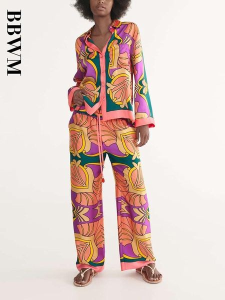 

pants spring 2022 women pocket decoration print shirt vintage with elastic waist wide leg pants chic female streetwear sets, White