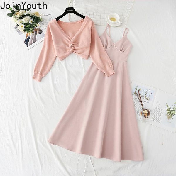 

dress joinyouth temperament two piece sets women autumn suspender dresses long sleeve v neck pullover sweater knitted suit, White