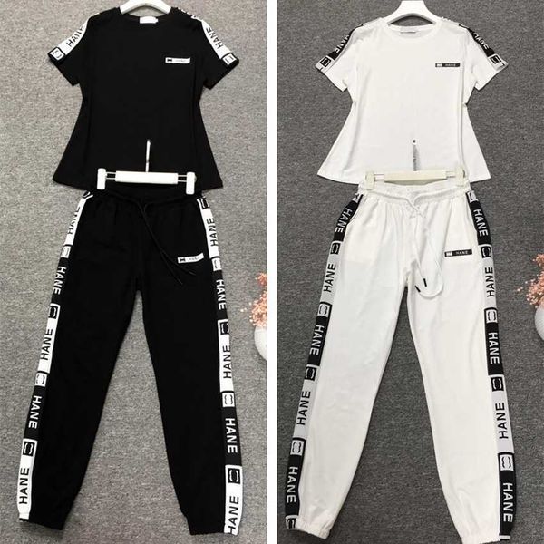 

women's casual pure cotton sports set fashionable short sleeved pants two-piece team suit european trend, White