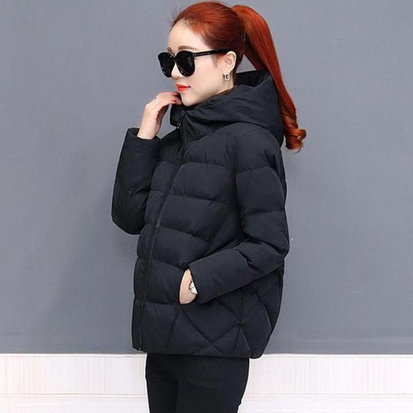 

leather autumn winter loose jacket hooded short coat women overcoat solid cottonpadded clothes female parka outerwear, Black