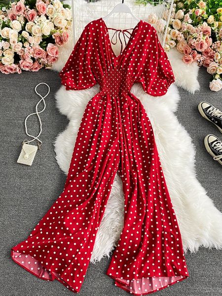 

women's jumpsuits rompers autumn polka dot romper women elegant v-neck puff short sleeve high waist jumpsuit female loose wide leg play, Black;white