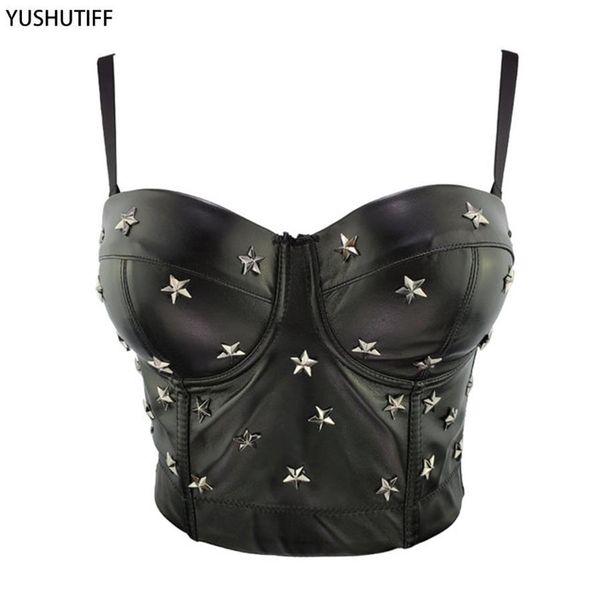 

t-shirt pu leather star decor black beading female crop women solid camis with built in bra push up bustier corset, White