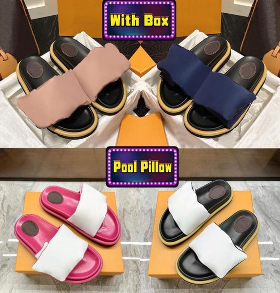 

luxury slipper pool pillow flat comfort mules mens designer sandal women shoes rose pink navy white black yellow brown beige print1323690