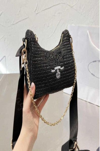 

luxury prads designer bag summer shoulder crossbody ladies chain composite handbag straw material purse6333453