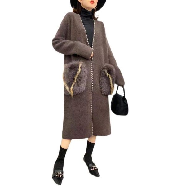 

fur 2021 new autumn winter mink cashmere coat for women with fox fur pocket jacket long knitted cardigan sweater overcoat, Black